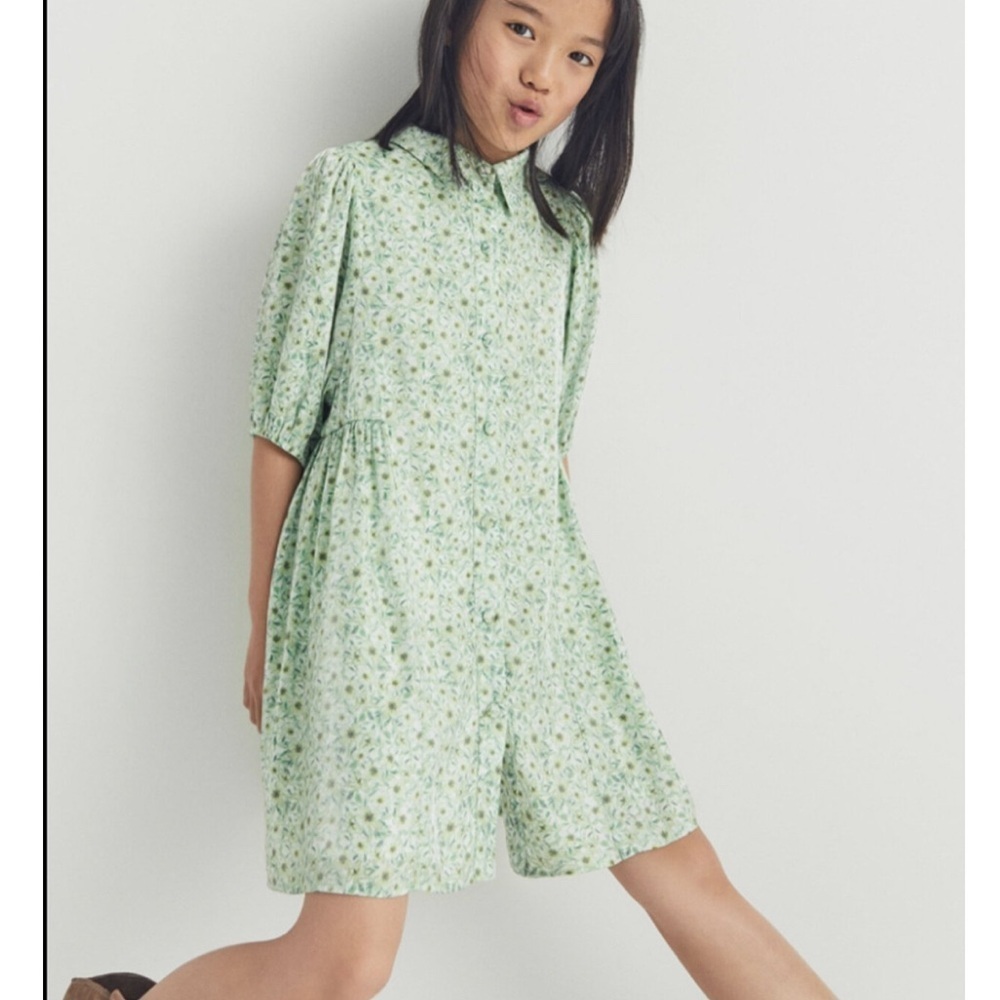 ZARA FLORAL SUMMER DRESS LINED SILKY PUFF SLEEVED SHIRT DRESS GREEN  SIZE 6